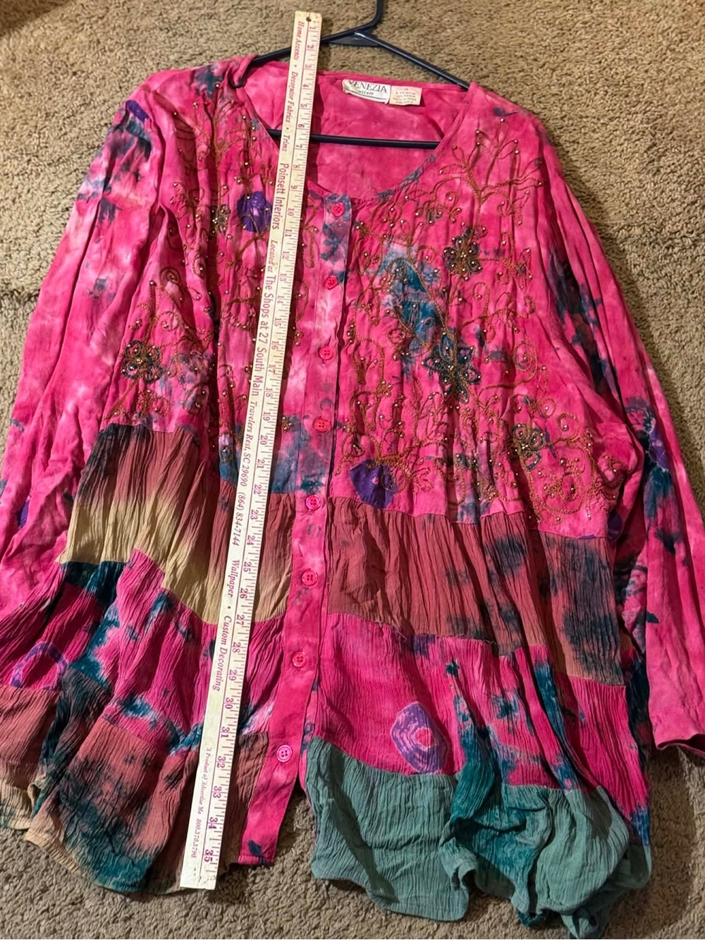 Venezia Hot Pink Multi-Color Beaded Tie-Dye Button Front Tunic